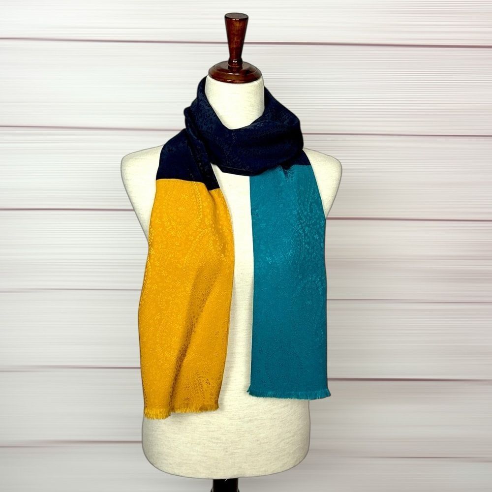 Linda Allard Ellen Tracy Silk Long Doubled Scarf Colorblock Yellow Blue Teal